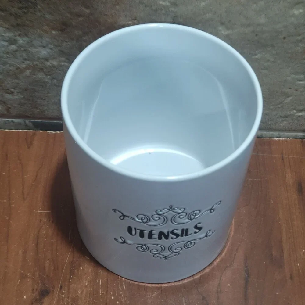 Scroll Collection Utensil Holder White Ceramic Cannister